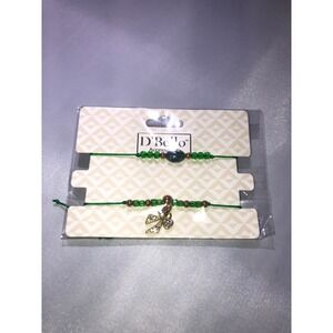 D'Bello Accessories Green Cord Bracelet Set Bow Charm Rhinestone Beaded 2pc NEW